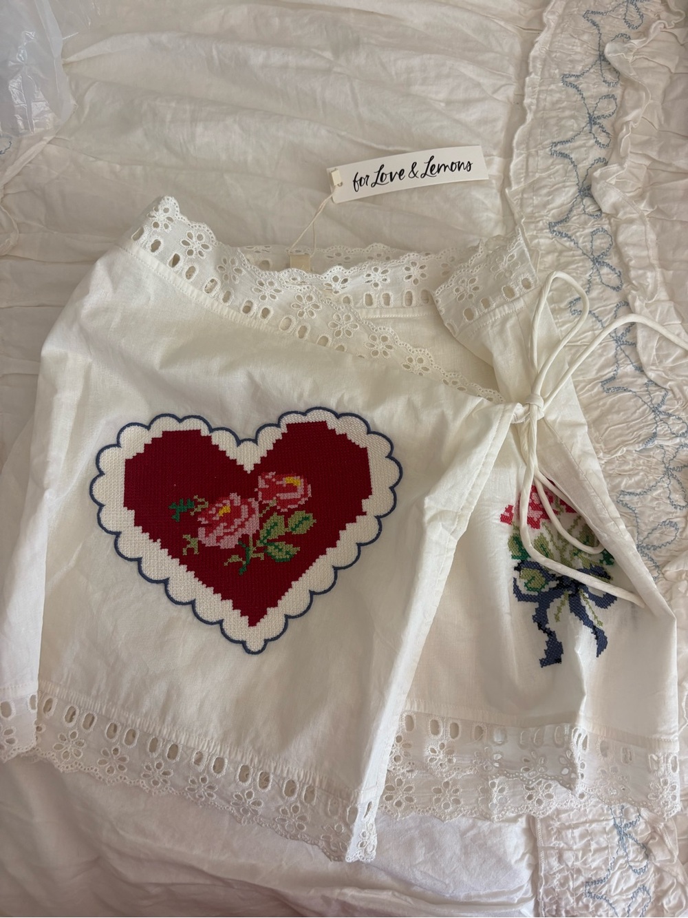 FOR LOVE AND LEMONS Mi Amore White Embroidered Heart Wrap Skirt - Picture 2 of 7